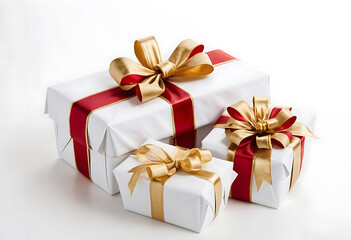 Gift boxes wrapped in white paper with glittery red and golden bows for a luxurious holiday presentation, beautifully wrapped gift boxes with red bow and white paper.