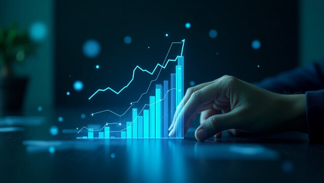 Close-up of hands interacting with glowing holographic 3D financial graph featuring rising blue bar charts and dynamic line graph in futuristic tech environment with bokeh light background - Powered by Adobe