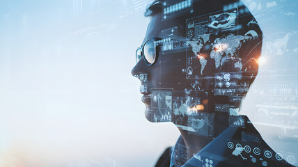 Man silhouette overlaid with world map and data visualizations against a bright sky