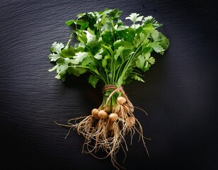 fresh cilantro with roots on dark background