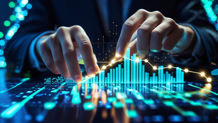 Close-up of hands interacting with glowing holographic 3D financial graph featuring rising blue bar charts and dynamic line graph in futuristic tech environment with bokeh light background
