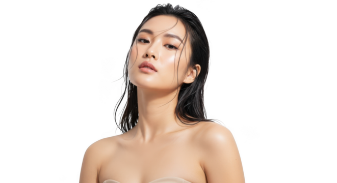 Young asian woman with wet hair and glowing skin, looking at camera, isolated on transparent background