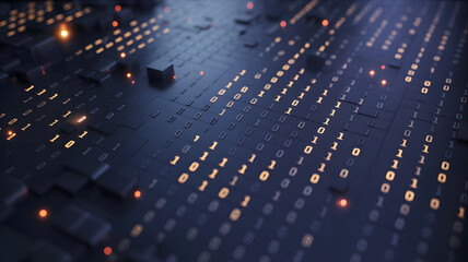 Abstract digital surface with glowing binary code on dark blue tile background close up view