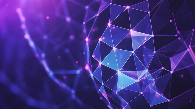 Abstract purple and blue network globe with connecting lines and glowing dots on a dark background