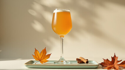 Still life of stemmed glass of light amber beer on pale teal tray with dried maple leaves and cinnamon sticks against beige background, representing a seasonal, crisp, autumn craft beer,copy space