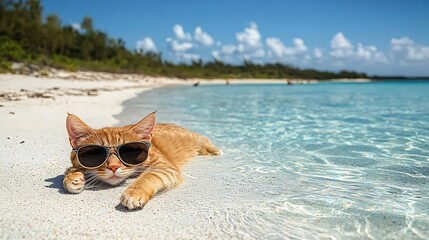 Orange tabby cat relaxing on a beach in sunglasses.