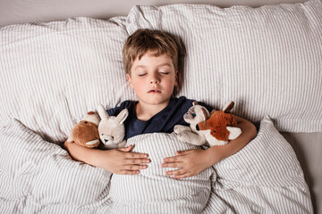 Cute little boy sleeping peacefully in bed, holding soft stuffed animals. Cozy childhood bedtime moment with calm expression, warm light and neutral bedding. Perfect for family and sleep themes.