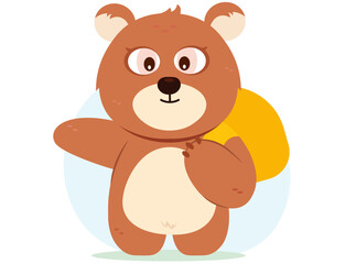 Cute vector bear with a yellow backpack, happily walking to school ideal for kid friendly content and learning illustrations.