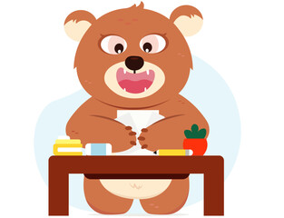 Vector illustration of a cartoon bear studying at a desk with books, cup, and plant — perfect for educational posters or children’s books.