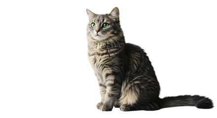 Elegant Feline Portrait: A captivating close-up of a beautiful, long-haired tabby cat with mesmerizing green eyes, portrayed in a striking pose.