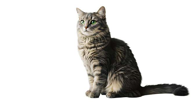 Elegant Feline Portrait: A captivating close-up of a beautiful, long-haired tabby cat with mesmerizing green eyes, portrayed in a striking pose. 