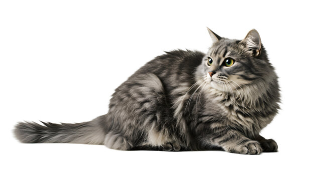 A Fluffy Feline's Gaze: A beautiful grey cat, its luxurious fur catching the light, sits poised, its keen eyes fixed on something unseen, showcasing elegance and feline grace.