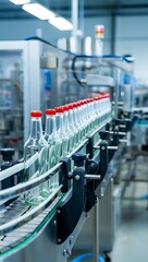 Automated bottling production line with glass bottles and red caps in a modern factory setting for beverage or liquid production industries