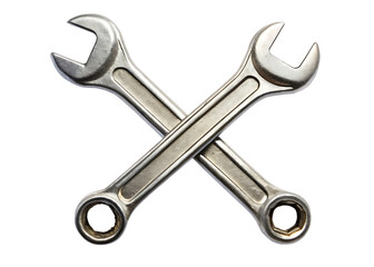 Two crossed metal wrenches isolated on a stark black background