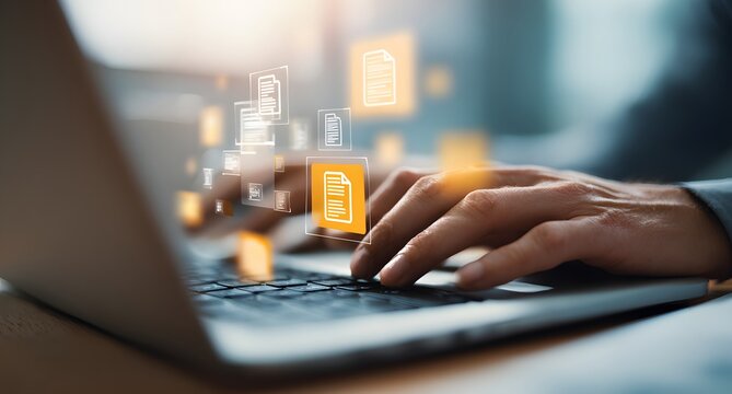 Hands typing on laptop with digital file icons and cloud storage concept