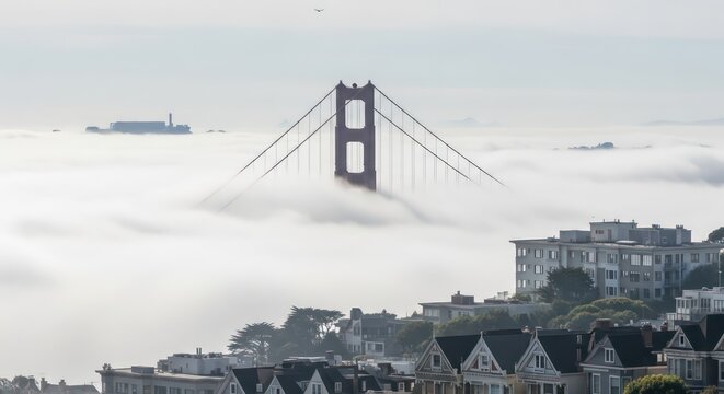 Golden Gate Bridge and Alcatraz Island Rise Above a Sea of San Francisco Fog