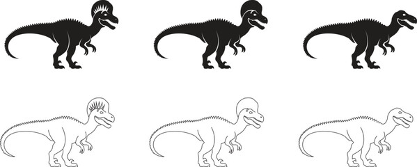 Dinosaur icon set, black vector collection of prehistoric reptile group in flat and line style T-Rex raptor cartoon dino ancient animal silhouette and outline fossil isolated on transparent background © WaQar
