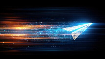 Futuristic Paper Airplane Design Surrounded by Dynamic Light Trails and Digital Particles in Vibrant Colors