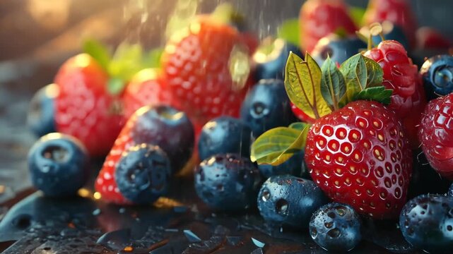 Selective focus. Fresh strawberry and blueberry berries in natural light