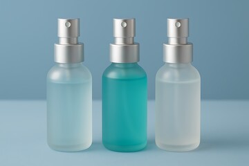 Three clear glass spray bottles with silver caps against a blue background