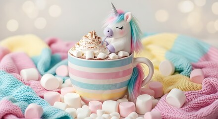 Cute Unicorn in Striped Mug with Hot Chocolate, Marshmallows and Pastel Blanket, Dreamy Concept