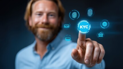 A man interacts with digital icons related to KYC (Know Your Customer) on a touchscreen, emphasizing technology and user engagement.