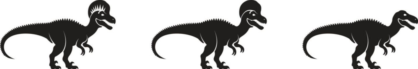 Dinosaur icon set, black vector collection of prehistoric reptile group in flat style T-Rex raptor cartoon dino ancient animal silhouette and outline fossil isolated on transparent background © WaQar