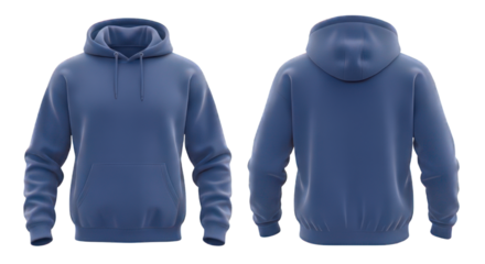 Blank blue hooded sweatshirt template shown from the front and back, isolated on a white background.