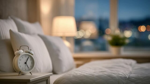 A serene bedroom features a minimalist bedside table with a classic white alarm clock, soft white linens, and a warm glow from a modern lamp.