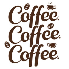 Coffee themed design featuring the word coffee repeated with coffee beans and coffee cups accents