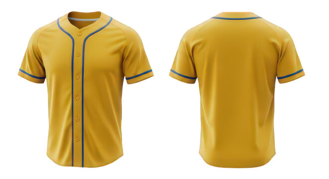 Mustard yellow baseball jersey mockup, front and back views, short sleeves, button-down collar, blue piping detail.