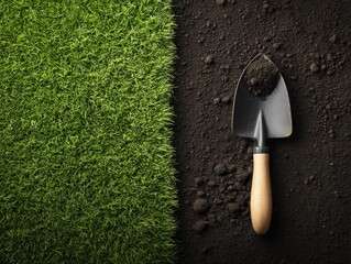 A garden trowel rests on dark soil beside vibrant green artificial grass, highlighting the contrast between natural elements and synthetic materials.