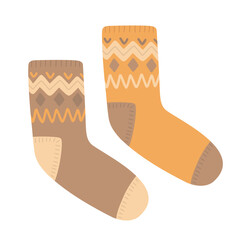 Cute vector knitted socks. Cozy hand-drawn illustration isolated on white background
