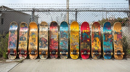 Group of skateboards with unique graphics and colors lined up against a chain link fence in a skate park capturing the diversity and creativity of the skateboarding community © Emaan Malik