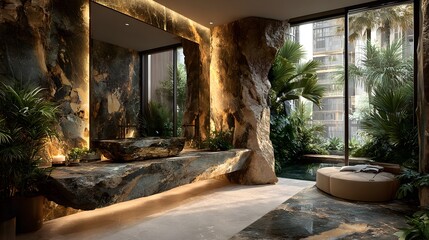 Luxurious bathroom interior featuring stone elements and plants with a city view.