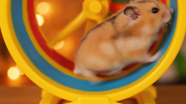 A golden hamster actively runs inside a vibrant exercise wheel under glowing cinematic light