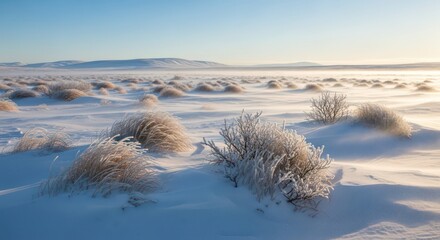 Golden Morning Light on a Vast, Frosted Tundra with Blowing Snow