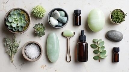 Natural Wellness Flat Lay with Essential Oils, Crystals, Botanicals and Stones for Healing and Relaxation