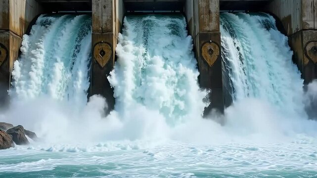 Powerful hydro dam releasing water with immense force for clean energy production and sustainable power