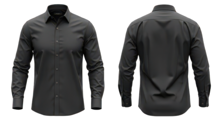 Front and back views of a classic men's black long-sleeved button-down shirt isolated on a white background.