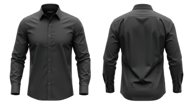 Front and back views of a classic men's black long-sleeved button-down shirt isolated on a white background.