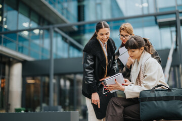 Three professional women are discussing business ideas and reviewing notes outside a modern office complex, portraying teamwork, collaboration, and entrepreneurial spirit.