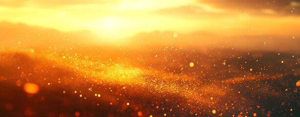 Abstract blurred light bokeh background with warm sunset hues. A dreamy and ethereal golden hour scene with glittering particles.