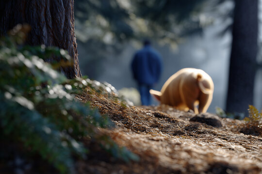 A gentle depiction of a little pig pursuing a human in the forest