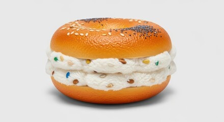 Gourmet sesame and poppy seed bagel stuffed with fluffy cream cheese and colorful sprinkles