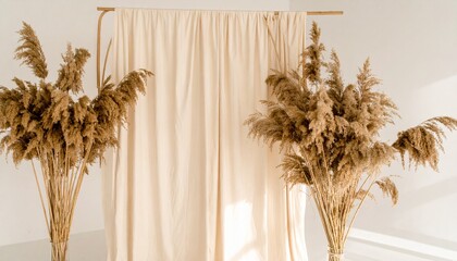 Minimalist home decor with fluffy dried pampas grass arrangements creating a serene and natural aesthetic against a fabric backdrop