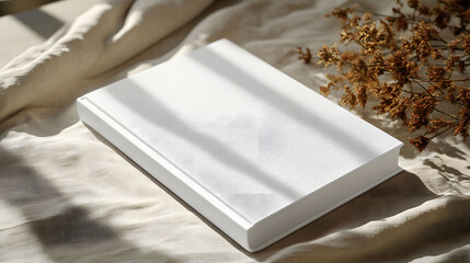 Hardcover book mockup with a blank white cover placed on a linen texture with soft, natural sunlight and shadows.