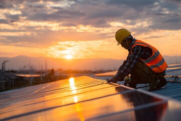 Fototapeta premium Worker installing solar panels on a rooftop at sunset with orange sky