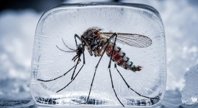 Mosquito frozen in ice, capturing disease vector in scientific research and pest control