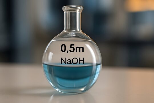 Round bottom flask filled with 0.5M sodium hydroxide solution in a chemistry laboratory, perfect for science experiments